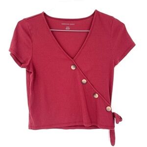 American Eagle AE Button Wrap Front Short Sleeve Ribbed Crop Top